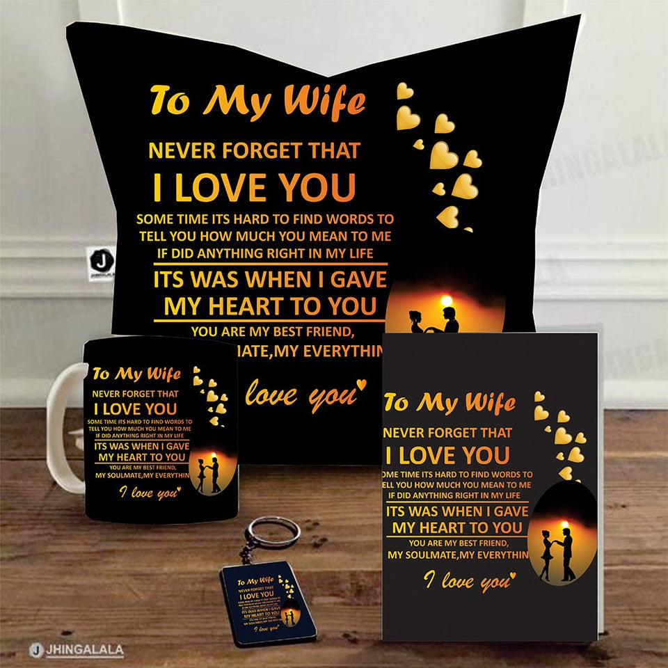 Combo Gift Pack for Wife (16" x 1" Inch Cushion Cover with Filler + Printed Mug + Greeting Card + Printed Key Ring)