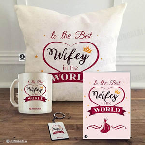 Combo Gift Pack for Wife (16" x 1" Inch Cushion Cover with Filler + Printed Mug + Greeting Card + Printed Key Ring)