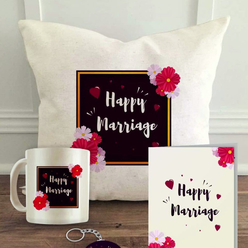 Combo Gift Pack Happy Marriage(16" x 16" Inch Cushion Cover with Filler + Printed Mug + Greeting Card + Printed Key Ring)